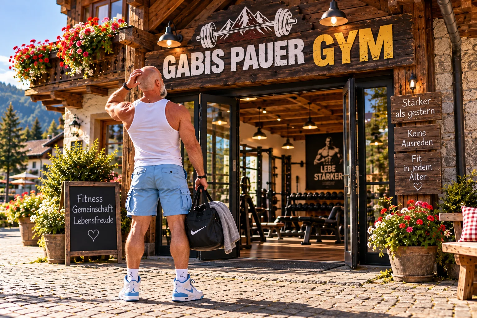 Müller steht mit Sporttasche vor dem Eingang von Gabis Pauer Gym