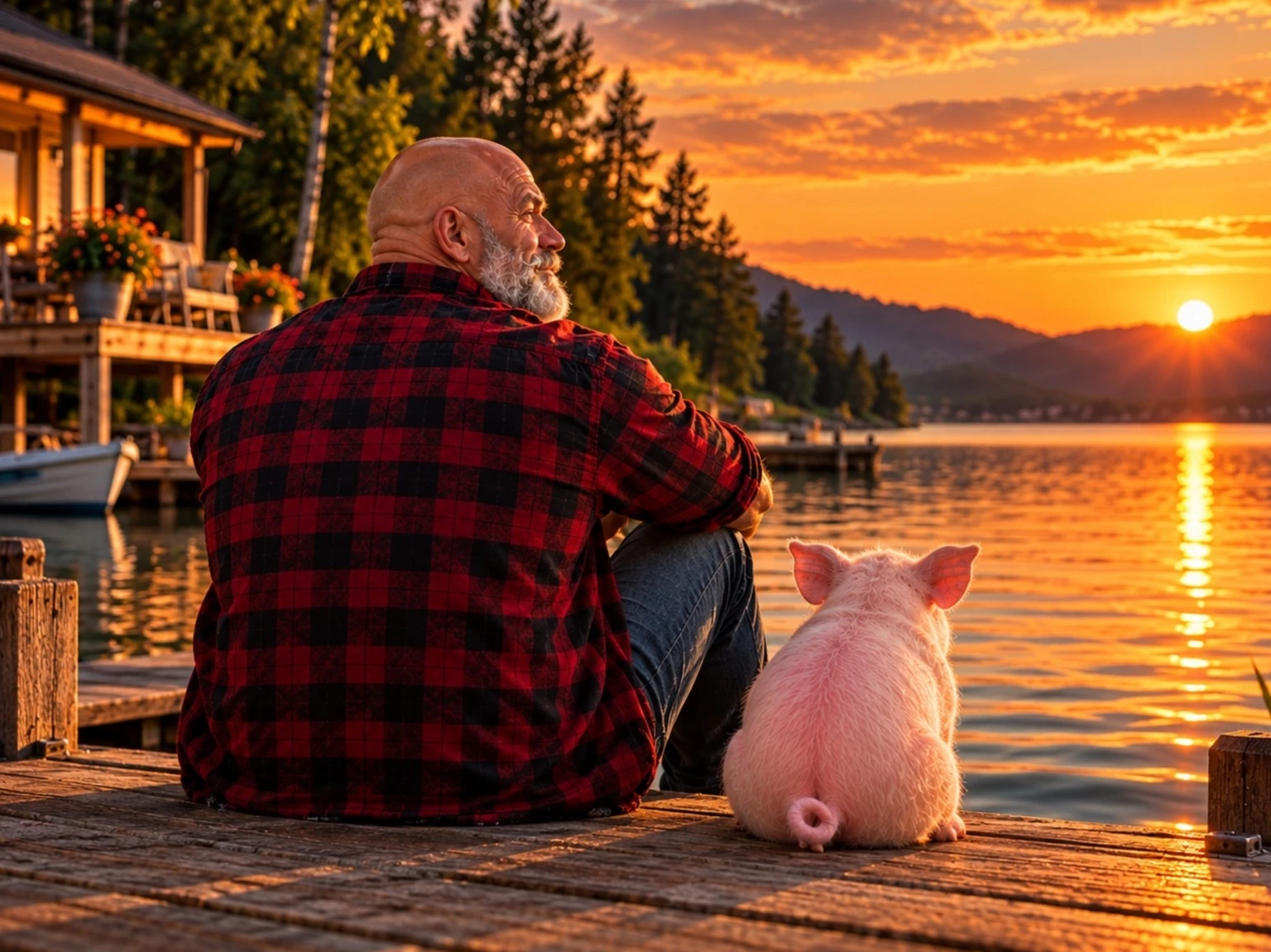Müller und Schnitzel gemeinsam am Steg bei Sonnenuntergang – ein Ausblick auf ihre späteren Abenteuer